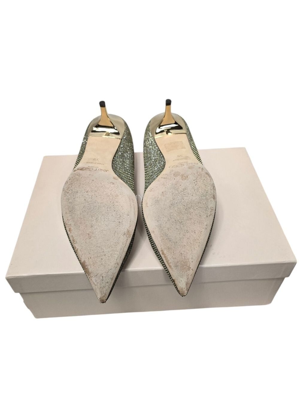 Jimmy Choo Lame Glitter Light Bronze Pointy Toe Kitten Heels 38 - Picture 10 of 12